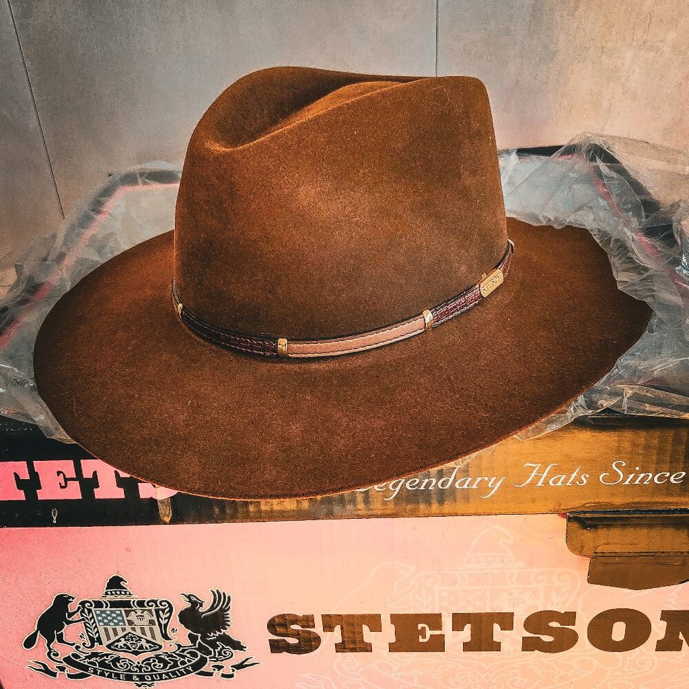 Authentic Stetson Gun Club hat with leather and brass band